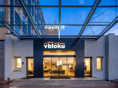 a view of the front of a vidoku building at LUXURY APARTMENT VBLOKU in Prague