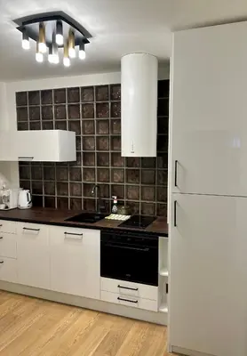 a kitchen with white cabinets and a black stove at Apartmán Panenská in Prague